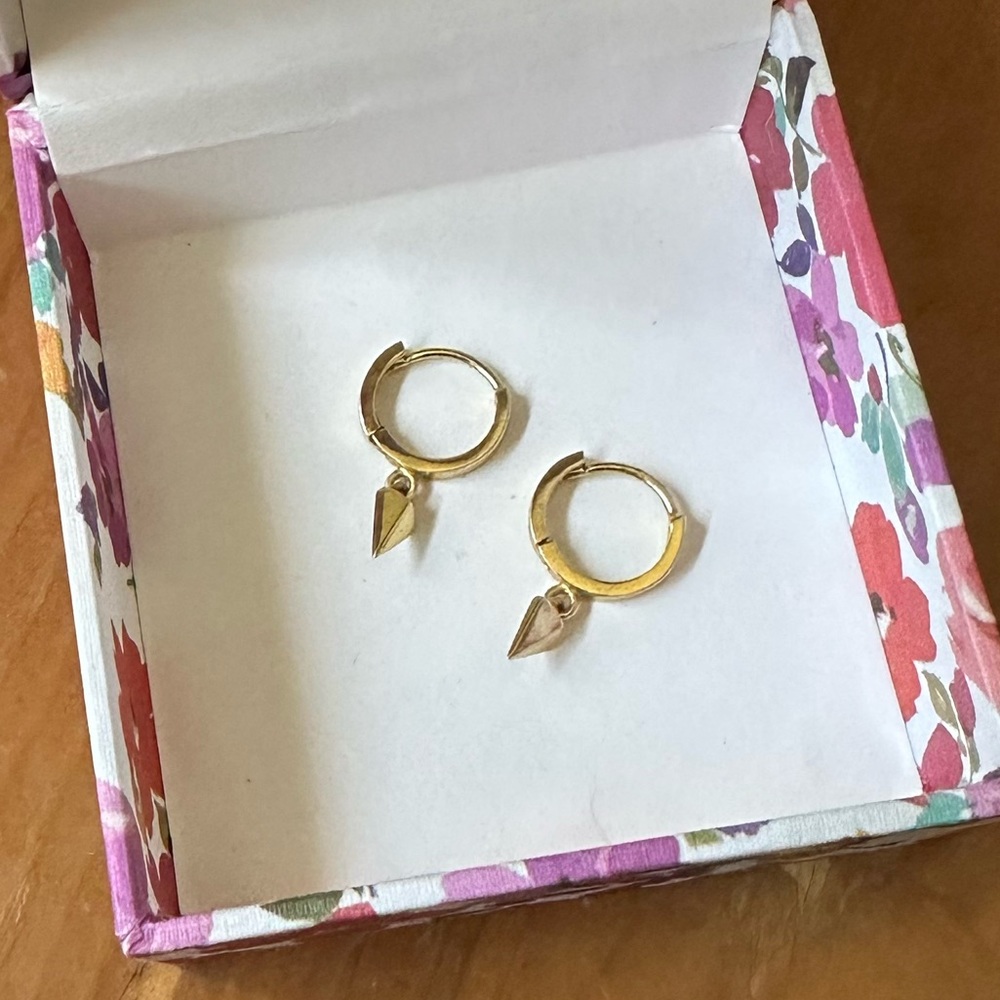 14K Gold Plated Mini Hoop Huggie Earrings with Spike Dangle with Box